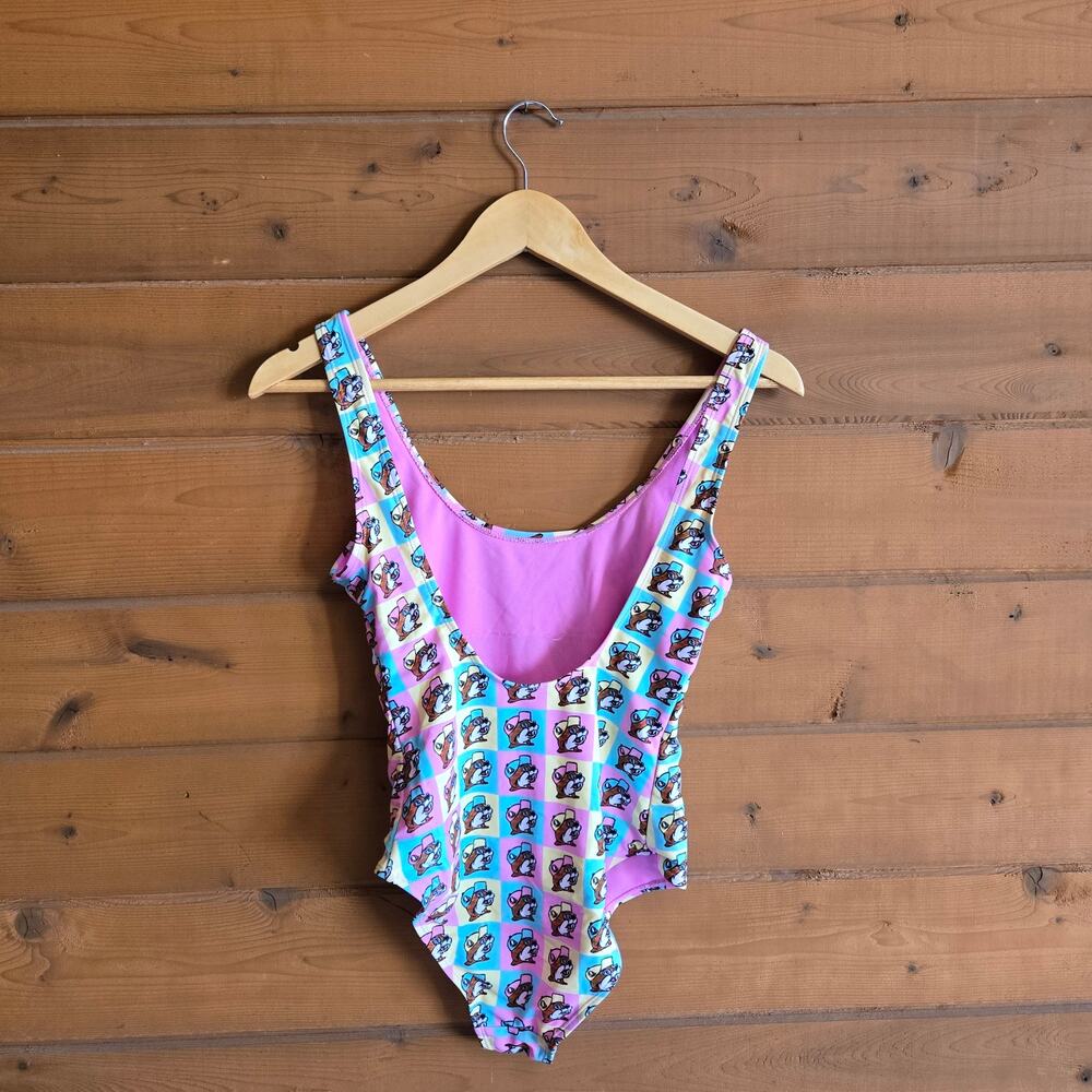 Buc-ee's One Piece Swimsuit Pastel Color Block Preppy Grid Pink S Beaver Logo - Picture 2 of 6
